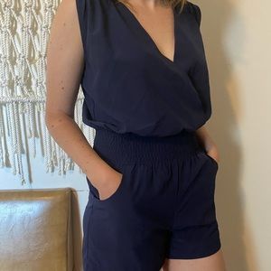 COSTA BLANCA Romper Small Navy Blue Draped V-Neck